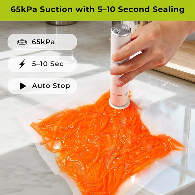 Handheld Vacuum Sealer for Food with 20 Reusable Vacuum Bags | 65kpa Compact Portable Pump, USB-C Rechargeable, One-Touch Auto Stop, Food Storage, Meal Prep, Freezer And Sous Vide