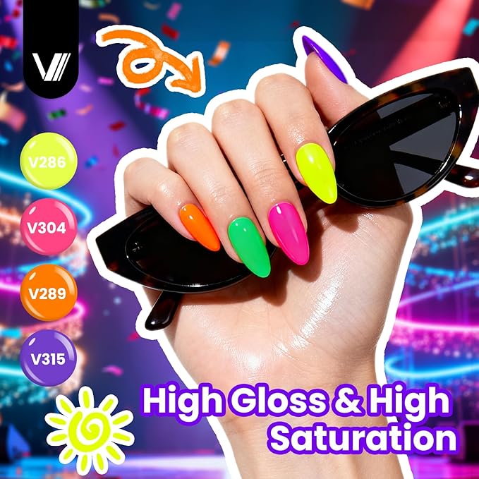VANREESA 24 Pcs Neon Gel Nail Polish Set -Bright Summer Colors Gel Polish with Base Coat & 4 Effects of Top Coat Bright Yellow Orange Pink Red Green Blue Purple Gel Polish Set Nail Kit Gifts for Women