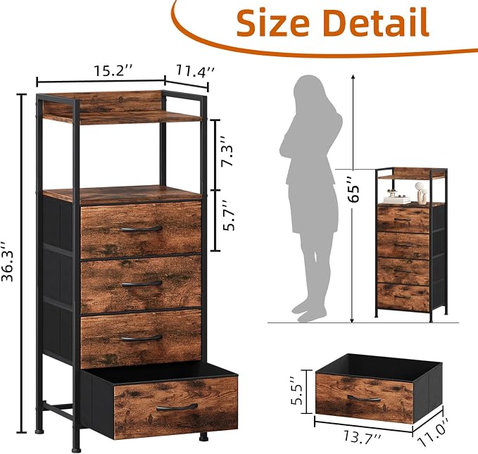 Somdot Nightstand with 4 Drawers, Vertical Storage Tower Fabric Dresser for Bedroom, Night Stand Bedside Table Furniture, Sturdy Steel Frame, Wooden Top & Easy Pull Fabric Bins, Wood Grain Print