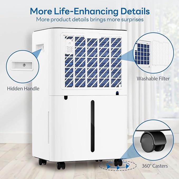 FreAire 54Pint 4500Sq.Ft Dehumidifier for Basement with Drain Hose, 30dB Quiet Compressor Dehumidifiers for Home, Front LED Digital Humidity Display for Bedroom, Bathroom, 1.13 Gallon Water Tank