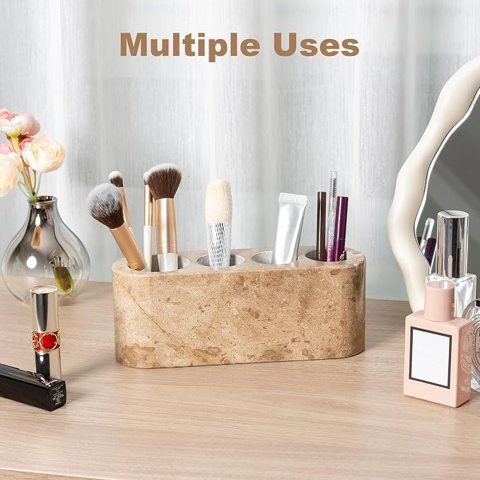 Toothbrush Holder for Bathrooms, 6 Slots Marble Toothbrush and Toothpaste Holder Stand Bathroom Organizer Countertop for Electric Toothbrush, Floss, Razor, Comb-Chestnut Brown