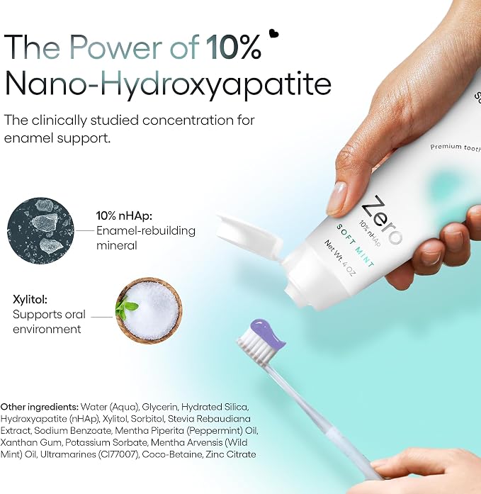 Something Nice Zero Toothpaste - 10% Nano Hydroxyapatite Toothpaste Fluoride Free, Remineralizing, Enamel Repair and Natural Whitening, Suitable for Sensitive Teeth, Adults & Kids Oral Care, Mint, 4oz