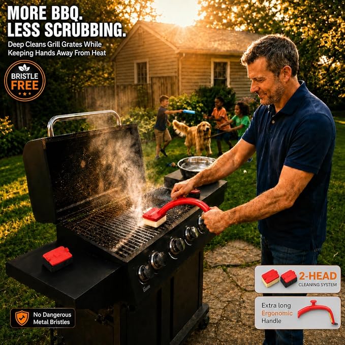 Grill Brush Bristle Free with 2 Replaceable Kevlar & Steel Fiber, Heat-Resistant Steam Grill Cleaner for Outdoor Grill, Ergonomic 18'' Long Dual Handle Safe on Cast Iron & Stainless-Steel Grates