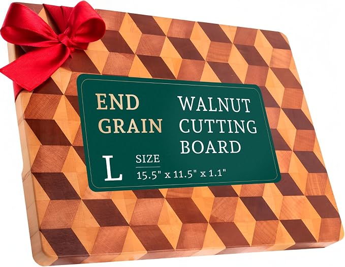 End Grain Wooden Cutting Board for Kitchen 15.5"x 11.5" - Walnut Hardwood Chopping Block with Non Slip Grips - Ideal for Charcuterie & Meat Butcher - Handmade 3D Design Wood (1.1'' Thick, Large)