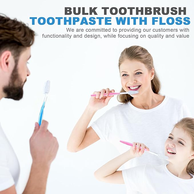 FoldTier 200 Sets Disposable Toothbrushes with Toothpaste and Floss Bulk Individually Wrapped 10g Toothpaste Homeless Hygiene Kit Bulk Homeless Care Package Supply for Travel Shelter (Light Blue Pink)