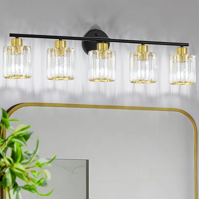Crystal Bathroom Light Fixtures, Bathroom Lighting Fixtures Over Mirror, Modern Black Gold 5-Light Vanity Lights for Mirror,Restroom, Bedroom (Ceramic E26 Socket,Bulbs Not Include)