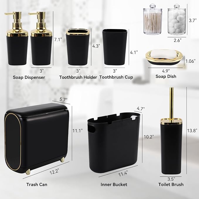 XLHOMO Bathroom Accessories Set, 10 Pieces Black and Gold Bathroom Set, Bathroom Accessory Set with Slim Trash Can,Soap Dispenser,Toilet Brush,Toothbrush Set, Qtip Holders for Housewarming