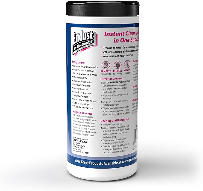 Endust For Electronics; Multi-Surface, Anti-Static, Electronics Cleaning Wipes; Alcohol & Ammonia Free; 12 Pack of 70 Wipes per Container (259000P12)