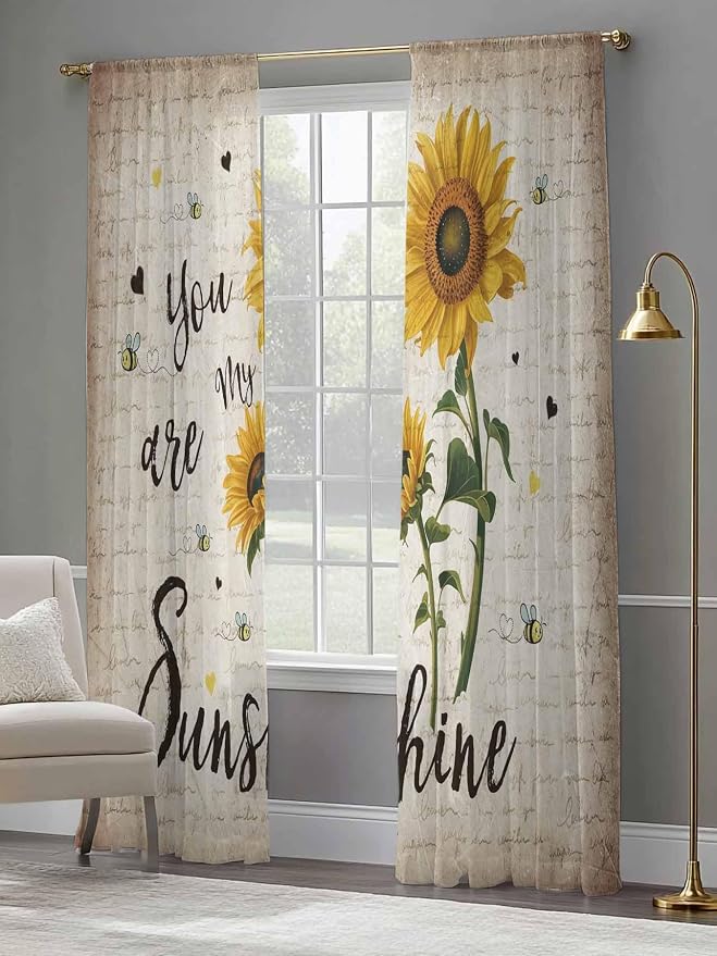 Sunflower Voile Sheer Curtain 96 Inch,Rod Pocket Rustic Yellow Floral Sheer Window Curtain Panels,Vintage Retro Beige Newspaper Letter Long Semi-Sheer Tulle Drape Chiffon Fabric for Living Room