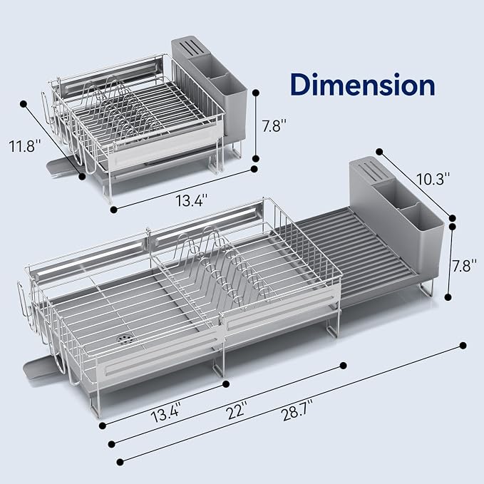Stainless Steel Dish Drying Rack - Expandable Dish Racks for Kitchen Counter Organizer with Drain Board, Detachable Utensil & Cup Holder, Dish Drainer for Small Kitchen Counter, Grey