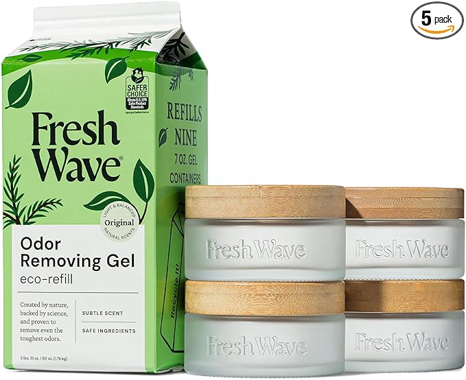 Fresh Wave Odor Removing Gel Eco-Refill, 63 oz. Original Scent | 4 Empty Refillable Glass Jars | 4 Room Set