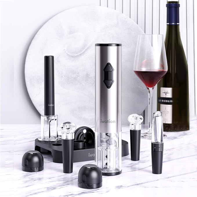 Ivation 9-Piece Wine Set | Electric Opener, Air Pump, Pourer with Aerator, Wine and Champagne Stoppers, Foil Cutter, and Stand.