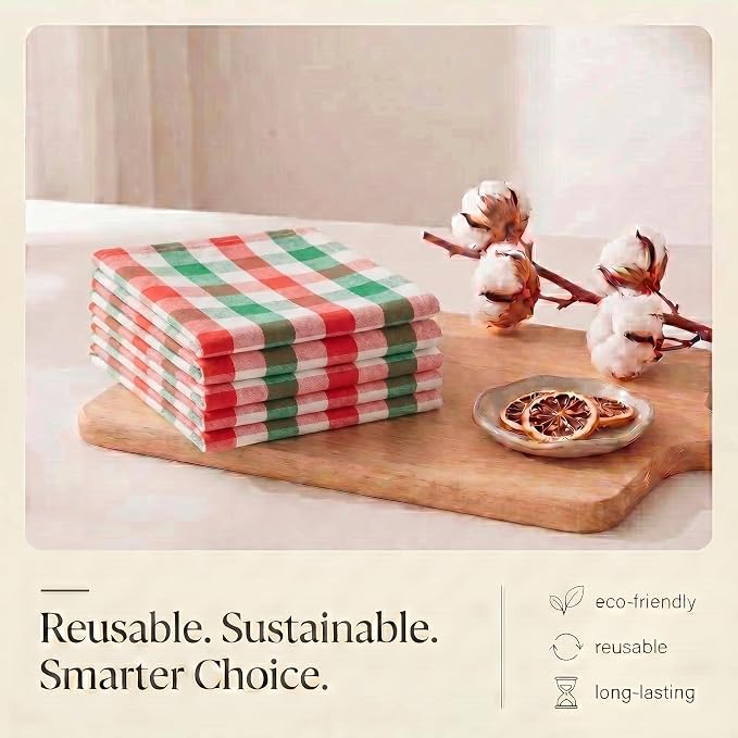 Urban Villa Christmas Kitchen Towels 100% Cotton Dish Towels for Kitchen (Set of 6) 20”x30” Dish Cloths Absorbent Kitchen Linen Set with Hanging Loop Perfect for Drying Dishes Cleaning – X MAS Checks