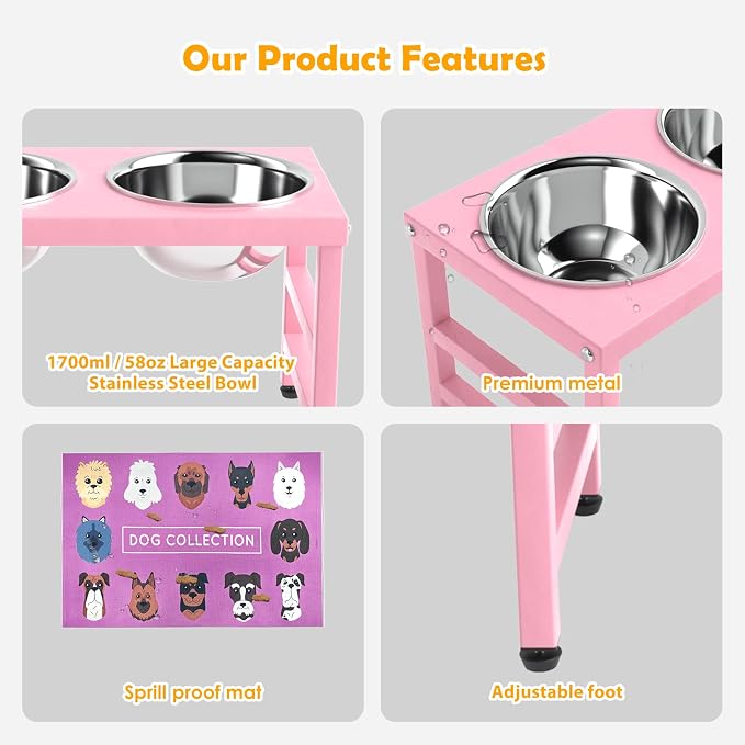 Raised Dog Bowl Stand 10 Inch Tall, Elevated Pet Feeder with 2 Stainless Steel Bowls (1700ml/58oz) & Anti-Spill Silicone Mat for Large Dogs, Stable Metal Frame Feeding Station, Pink