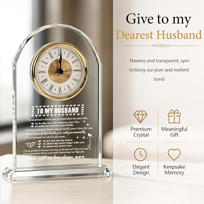 Crystal Glass Clock Gifts for Husband from Wife Romantic Birthday Home Decorations Wedding Anniversary Valentines Day Fathers Day Gift (Battery not Included)