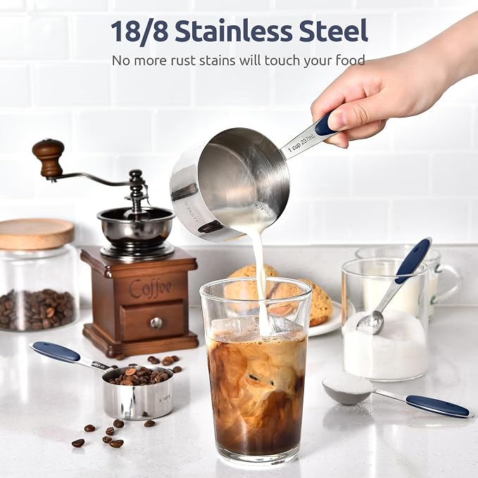 U-Taste 18/8 Stainless Steel Measuring Cups and Spoons (Set of 12, Midnight Blue), and Fine Mesh Strainer with Sturdy Riveted Silicone Handle and Strong Frame (Midnight Blue)