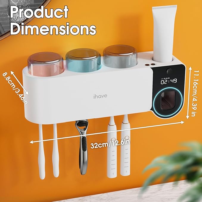 iHave Toothbrush Holder with Touchless Toothpaste Dispenser & UV Toothbrush Sanitizer for Bathrooms | 6-Slot Wall Mounted Organizer with Auto-Cycle Disinfection for Toothbrushes, Razor & 3 Cups