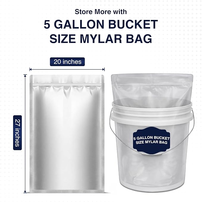 BELLE KR® 30 Pcs 5 Gallon Mylar Bags With 2000CC Oxygen Absorbers - Perfect Bucket Size - 11 Mil Thick - With Sticker Labels and Closure Clip - Smell Proof, Heat Resealable Large Mylar Bag