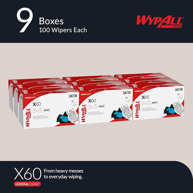 WypAll GeneralClean X60 Cloths Multi-Task Cleaning Wipes (34770), Quarterfold, Strong and Absorbent Towels, White (9 Boxes of 100 Sheets, 900 Sheet Total)