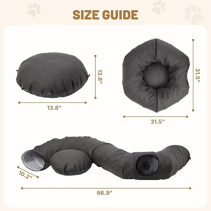 Cat Tunnel Bed for Indoor Cats, Cooling Natural Linen Cat Tunnel, Breathable 29.5in Kitten Toys Cat Tunnel with Washable Mat, Round Pet Tunnel for Kittens, Squirrels Dark Grey