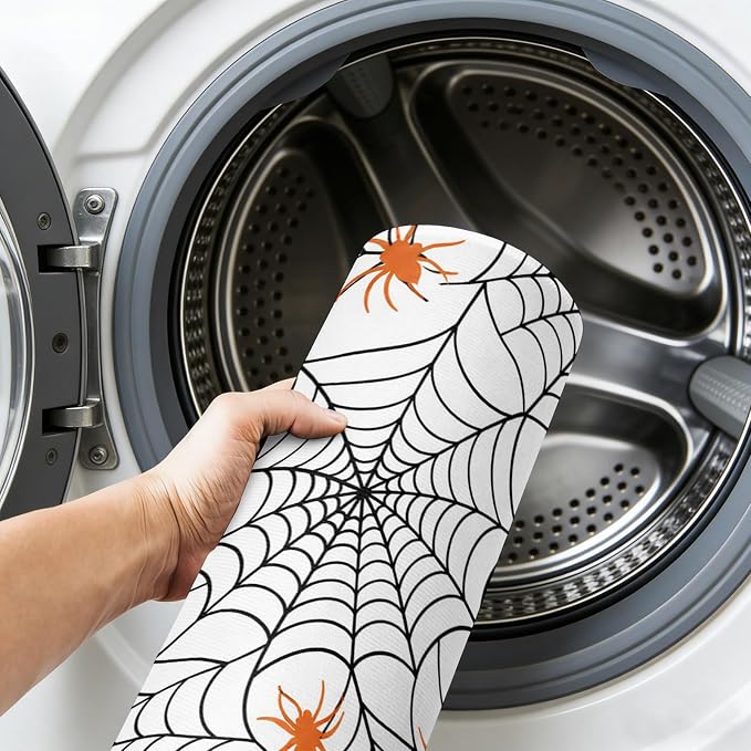 Area Rug 3'x5', Halloween Washable Large Area Rugs for Kitchen Bedroom Laundry Bathroom Office, Black Net Classic Spiders Gingham Orange Non Slip Door Mat Indoor Entryway Floor Accent Throw Carpet