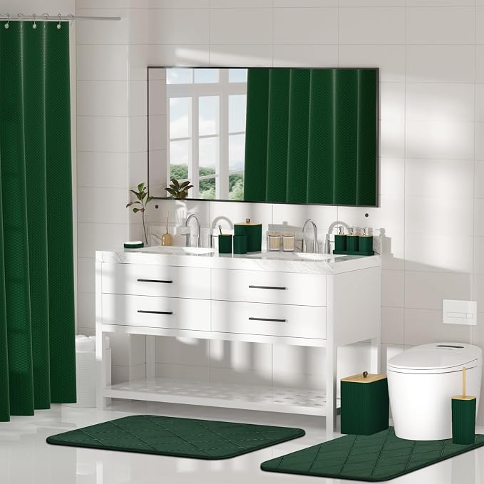 Bathroom Accessory Set - Bathroom Sets with Shower Curtain and Rugs, Green Bathroom Set, 27PC Bathroom Accessories Set, Mini Trash Can, Toilet Brush, Trash Can & Soap Dispenser