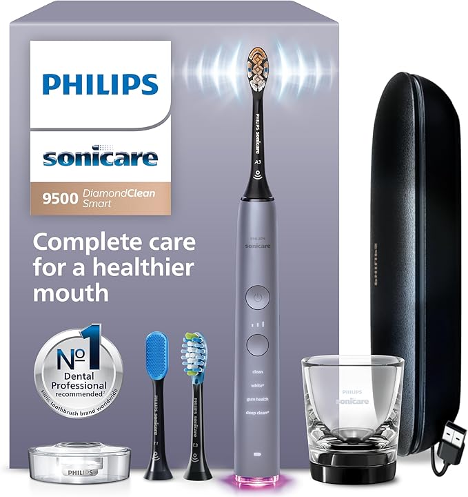 Philips Sonicare DiamondClean Smart 9500 Electric Toothbrush - Sonic Toothbrush with App, Pressure Sensor, 15 Brushing Settings, Replacement Reminder, USB Charging Travel Case, Grey, Model HX9923/41