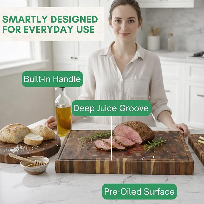 End Grain Acacia Wood Cutting Boards for Kitchen, 1.5 in Thick Butcher Block Construction for Stability, 20 x 15 in Large Cutting Boards with Gift Box, Juice Groove and Handle