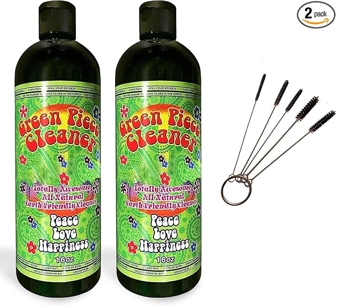 Green Piece® Glass Cleaner 2 Bottles (Made in USA) -16 oz and 5 Piece Mini Metal Nylon Tube Pipe Cleaner Brush Set with Keychain Ring Combo