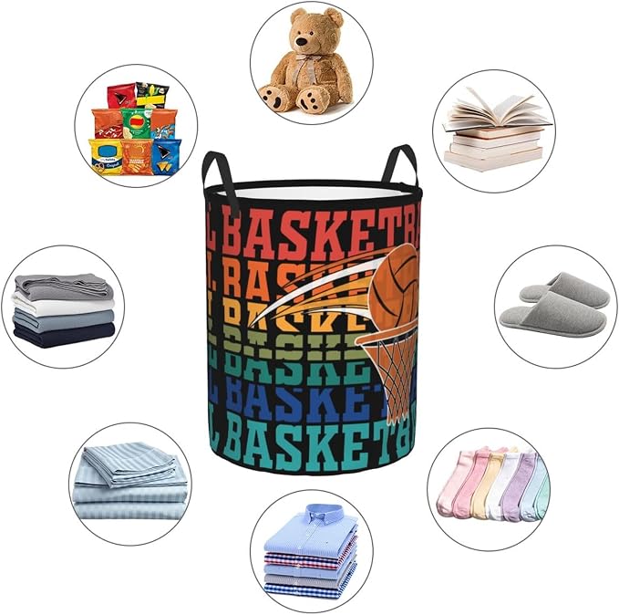 Rainbow Basketball Laundry Hamper Laundry Basket Circular Hamper Dirty Clothes Storage with Handles