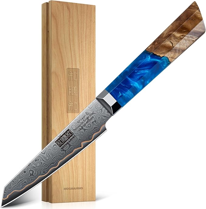 HOSHANHO 4" Damascus Paring Knife, 67-Layer Damascus Steel Fruit Knife | Ultra Sharp Professional Small Kitchen Knives with Ergonomic Blue Resin Stabilized Wood Handle and Wood Gift Box