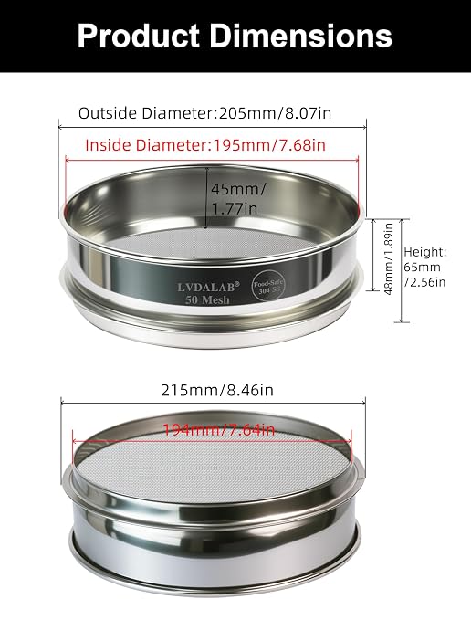 All 304 Stainless Steel 50 Mesh Test Sieve (0.355mm Aperture), 8Inch/20cm Diameter, Powder Sifter & Strainer, Multi-Use Lab Screen for Metal Powder, Spices & Industrial Sampling