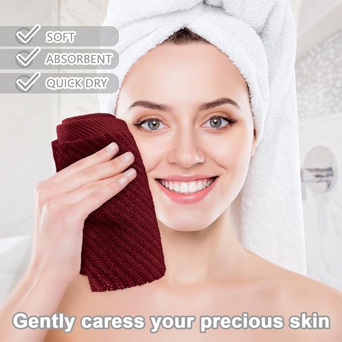 VOOVA & MOVAS Washcloths 6PC, 100% Cotton, 13x13 in, Burgundy Red | Quick Dry, Thick, Soft, Absorbent, Face Towels For Bathroom, Towel Gift Set, Great For Spa, Home, Travel