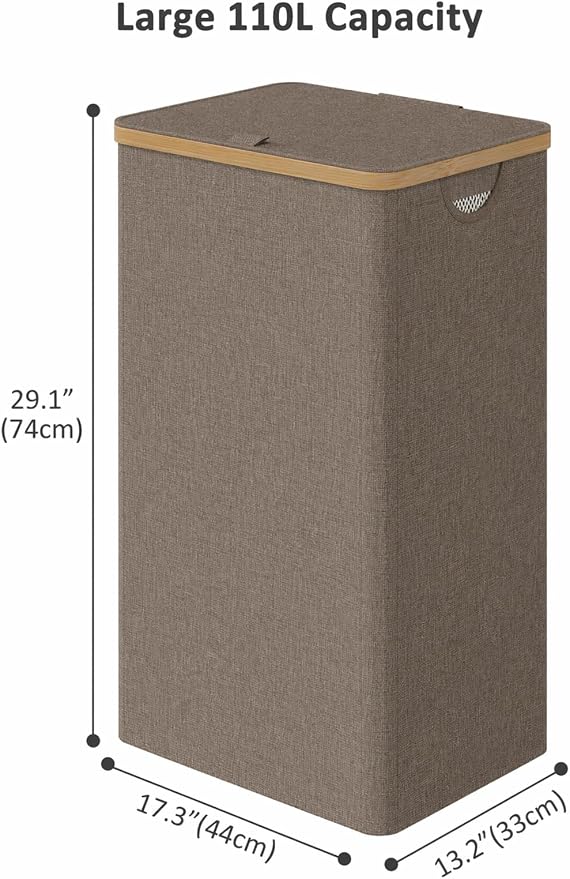 IEGrow Laundry Hamper with Lid,110L Laundry Basket with Mesh Bags,Brown | Dirty Clothes Hamper Basket with Bamboo Handle for Clothes Towels