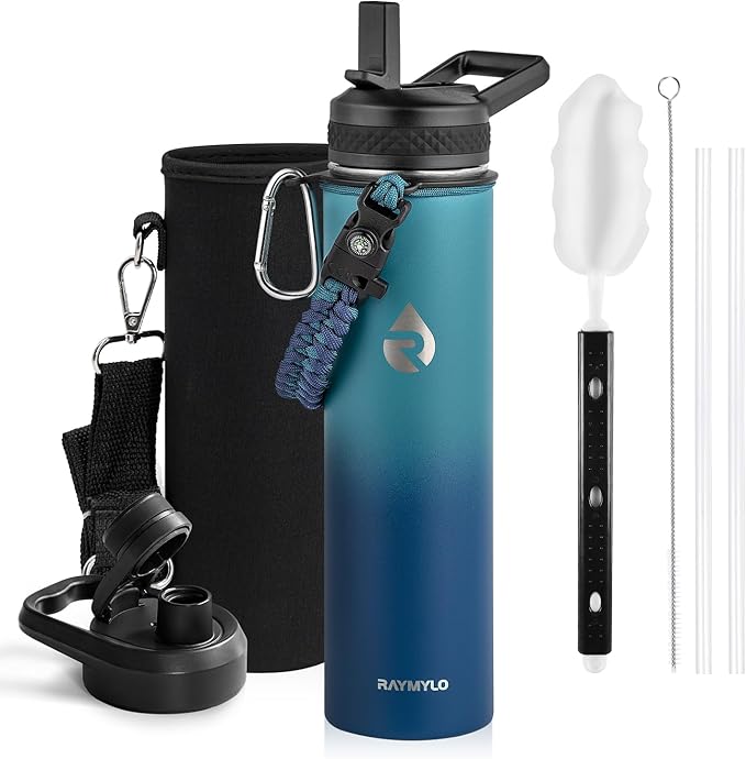 RAYMYLO Insulated Water Bottle 24 oz, Triple Wall Vacuum Stainless Steel (Cold for 24Hrs, Hot for 12Hrs), Leak Proof & Non-BPA, Modern Water Flask Jug with Paracord Handle & Straw Spout Lids