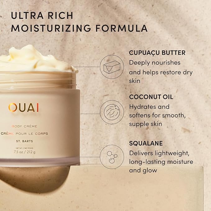 OUAI Body Creme, St. Barts Travel Size - Hydrating Whipped Body Cream with Cupuaçu Butter, Coconut Oil & Squalane - Softens Skin & Delivers Radiant Glow - Sulfate-Free Skin Care (3.4 oz)