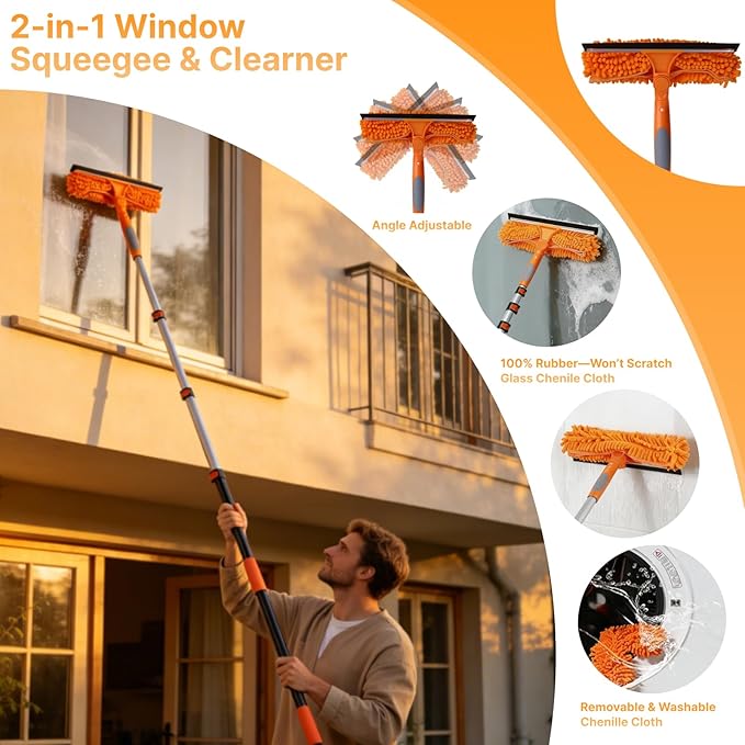 7-in-1 High Ceiling Duster Kit with 4-12ft Extension Pole, Ceiling Fan Duster, Cobweb Duster, Microfiber Duster, Window Cleaner & Squeegee, Wall Mop, 20ft Reach Duster with Extension Pole
