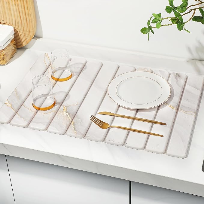 Large Stone Dish Drying Mat for Kitchen Counter,Quick Dry Stone Dishes Mats,Marbled Water Absorbing Diatomaceous Earth Drying Pad for Countertop Bottles Utensils Cups(Yellow White 24"x16"&8"x4")