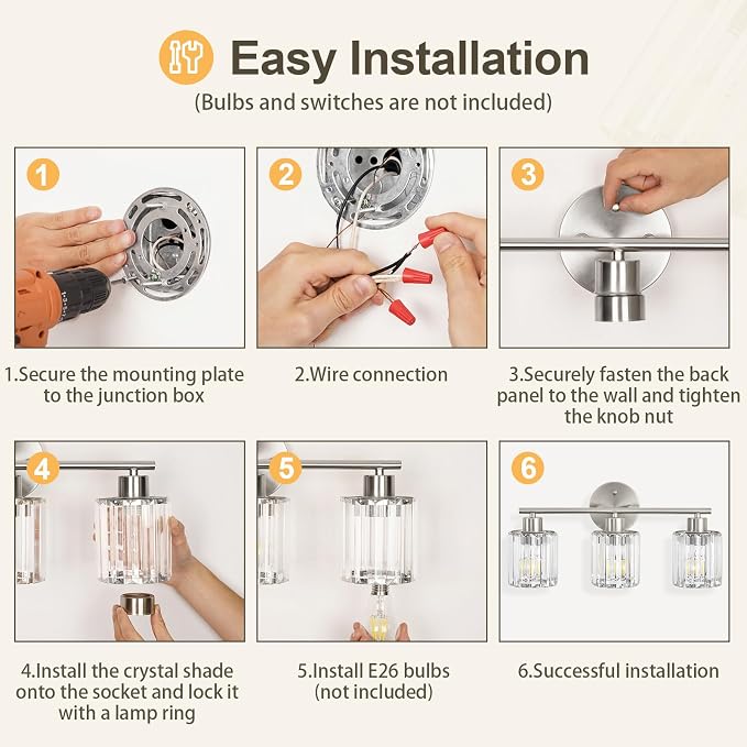 Crystal Bathroom Light Fixtures, Bathroom Lighting Fixtures Over Mirror, Modern Black Gold 3-Light Vanity Lights for Mirror, Restroom, Bedroom (Ceramic E26 Socket,Bulbs Not Include)