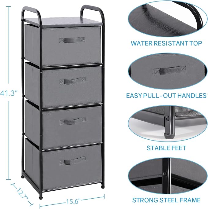 MAX Houser 4 Drawer Fabric Dresser Tall Storage Tower, Dresser Chest with Wood Top, Vertical Nightstand Side Organizer Unit with Metal Frame for Closets Bedroom Nursery Room Hallway(Leaden) | , Dresser Chest with Wood Top, Vertical Nightstand Side Orga...