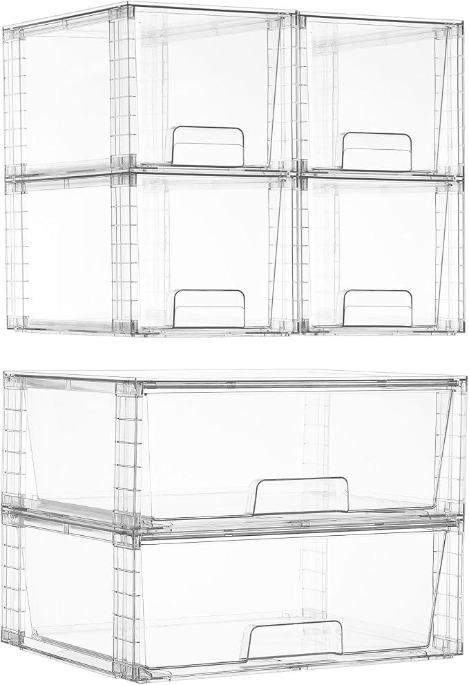Vtopmart 6 Pack Stackable Storage Drawers, Easily Assemble Clear Plastic Organizer Bins, 2 Wide Drawers and 4 Medium Drawers for Pantry, Kitchen Cabinet, Bathroom, Closet Organization and Storage
