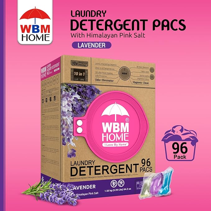 WBM 10-in-1 Laundry Pods with Softener & Scent Booster, 96 Count, High Efficiency (HE), Fabric Softener, Lavender Extracts, Stain Lifter, Eco-Friendly, Gentle, Fresh