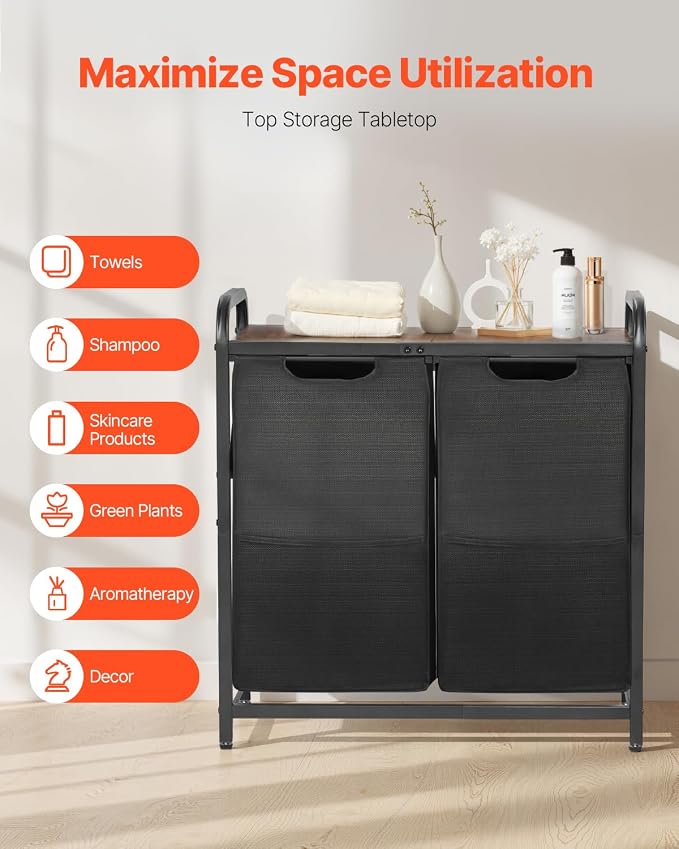 VEVOR 2 Section Laundry Sorter, Large Laundry Hamper with Metal Frame and Wooden Tabletop, Freestanding Storage Organizer Baskets with Pull-Out 600D Oxford Cloth Bags for Dirty Clothes, Bathroom