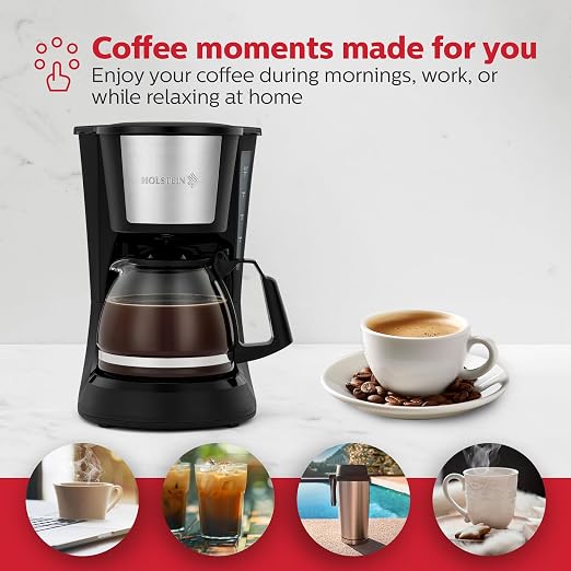 Holstein Housewares 5 Cup Drip Coffee Maker – Compact and User-Friendly with Auto Pause & Serve, Reusable Filter, Measuring Spoon & Glass Carafe, Office & Dorm Use, Black