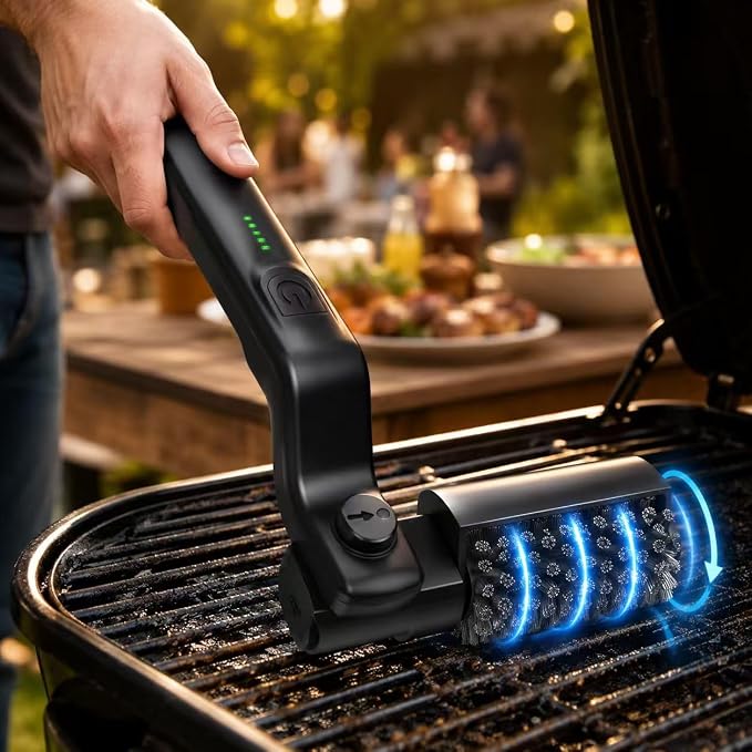 Electric Grill Cleaner, Rechargeable Cordless Grill Brush with 24kg High Torque, 3-Speed Cleaning, Adjustable Head & USB-C Charging for Outdoor BBQ, Camping, Patio Cooking and Grill Grates