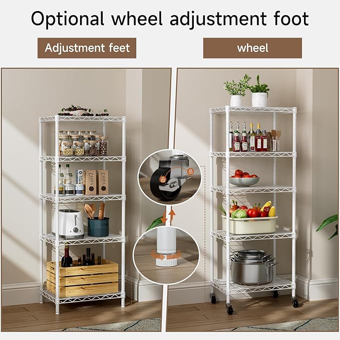 Golpart Small 5 Tier Shelves Storage Wire Shelving Unit Metal Shelf Adjustable Organizers Storage Shelving with Wheels for Bathroom Laundry Room Kitchen Pantry11.7”D x 17.7”W x 57.2”H White