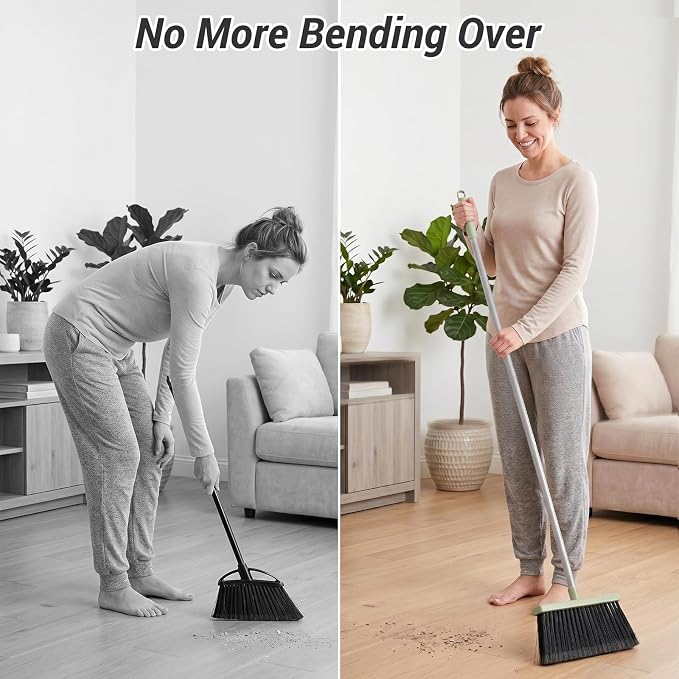 Broom with Dustpan Combo Set, Long Handle Upright Standing Self-Cleaning Broom and Dustpan Set for Pet Hair & Dust Cleanup, Indoor Outdoor Use for Home, Kitchen, Office, Green