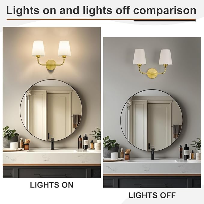 Bathroom Vanity Light, Brushed Gold Bathroom Light Fixtures, 2-Light Lighting Fixtures Over Mirror, Modern Wall Sconce with Flared White Fabric Shade, E26 Socket(ETL Listed)