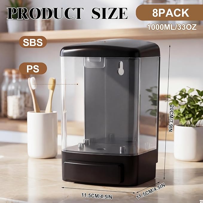 Hushee 8 Pcs Plastic Wall Mounted Soap Dispenser Commercial Manual Soap Containers Wall Dispenser for Kitchen Shower Hotel Liquid Shampoo Gel Chamber (33.8 oz 1000 ml,Black and Clear)