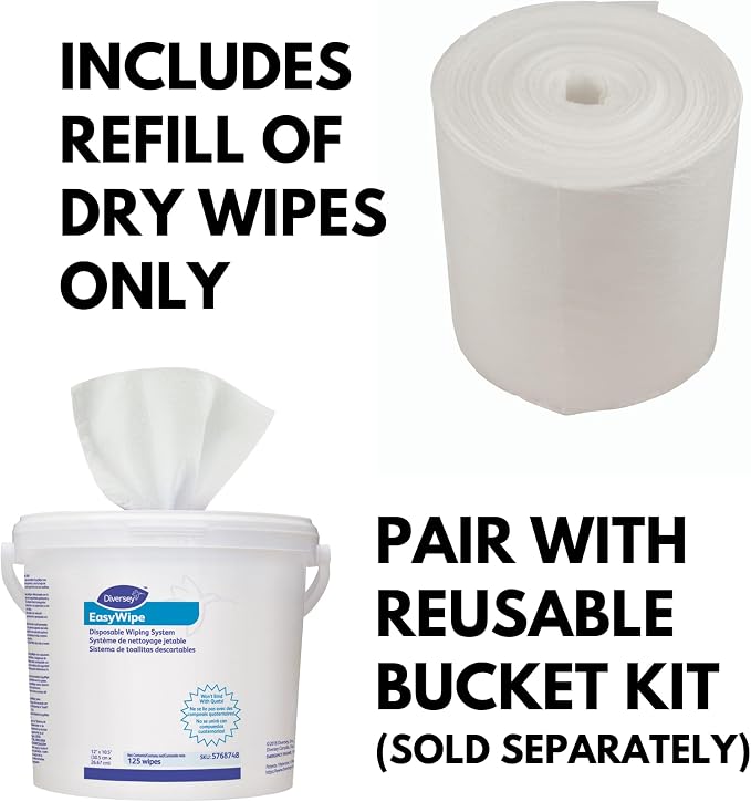 Diversey 5831874 EasyWipe Disposable Wiping System, DRY wipes - Use with Your Choice Disinfectant, 125 Large 12x10.5-Inch Wipes, 1-Refill Bag (Pack of 6)